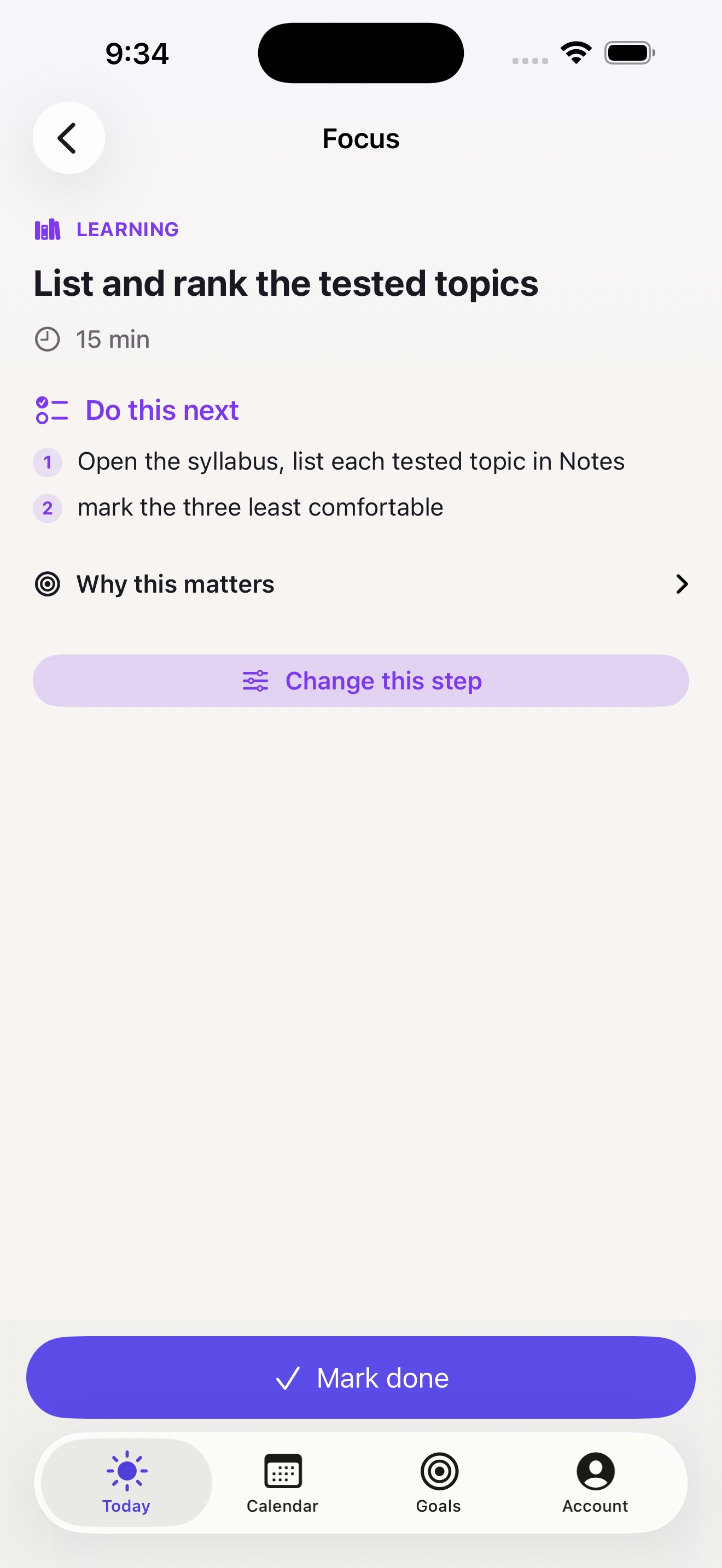 Stepi Focus example: open the syllabus, list tested topics, then mark the three least comfortable topics.