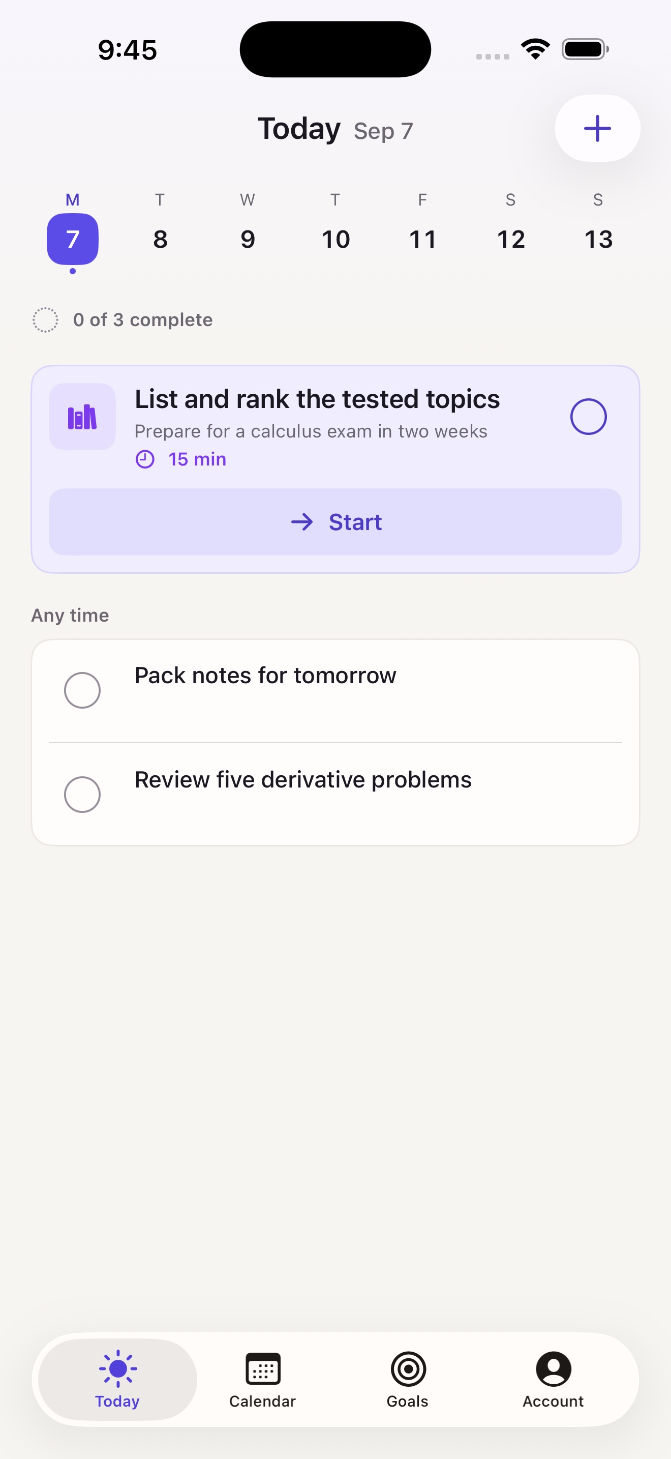Stepi Today: list and rank the tested topics for a calculus exam, with a 15-minute next step and two personal tasks.